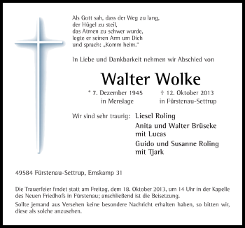 Traueranzeige von Walter Wolke von Neue Osnabrücker Zeitung GmbH & Co. KG