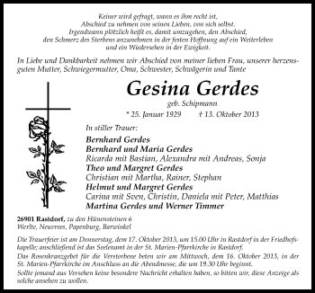 Traueranzeige von Gesina Gerdes von Neue Osnabrücker Zeitung GmbH & Co. KG