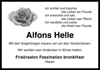 Traueranzeige von Alfons Helle von Neue Osnabrücker Zeitung GmbH & Co. KG