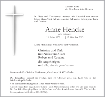 Traueranzeige von Anne Hencke von Neue Osnabrücker Zeitung GmbH & Co. KG