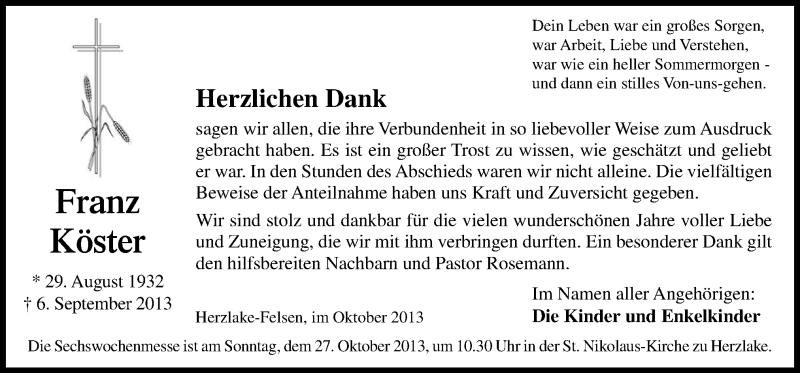  Traueranzeige für Franz Köster vom 23.10.2013 aus Neue Osnabrücker Zeitung GmbH & Co. KG