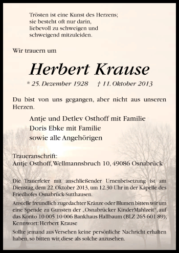 Traueranzeige von Herbert Krause von Neue Osnabrücker Zeitung GmbH & Co. KG