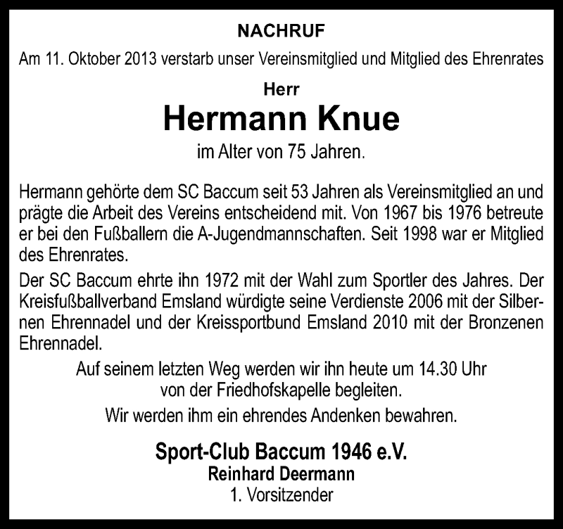  Traueranzeige für Hermann Knue vom 16.10.2013 aus Neue Osnabrücker Zeitung GmbH & Co. KG