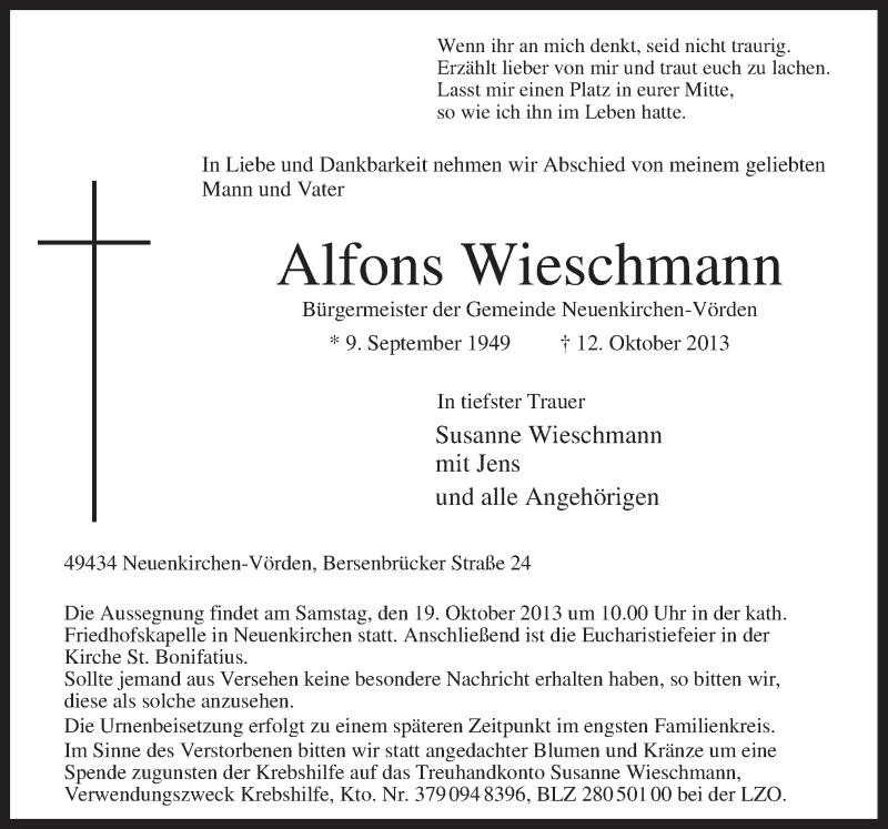  Traueranzeige für Alfons Wieschmann vom 16.10.2013 aus Neue Osnabrücker Zeitung GmbH & Co. KG