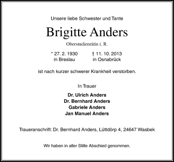 Traueranzeige von Brigitte Anders von Neue Osnabrücker Zeitung GmbH & Co. KG