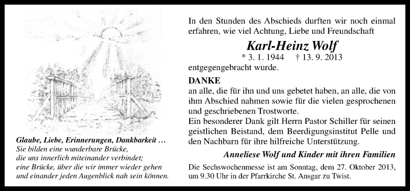  Traueranzeige für Karl-Heinz Wolf vom 23.10.2013 aus Neue Osnabrücker Zeitung GmbH & Co. KG