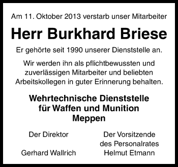 Traueranzeige von Burkhard Briese von Neue Osnabrücker Zeitung GmbH & Co. KG