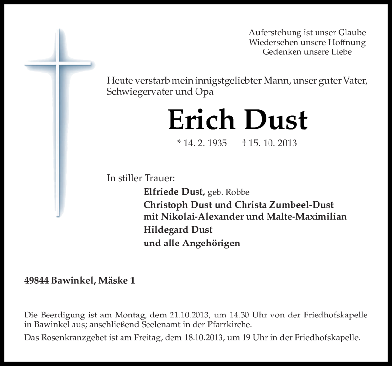  Traueranzeige für Erich Dust vom 17.10.2013 aus Neue Osnabrücker Zeitung GmbH & Co. KG