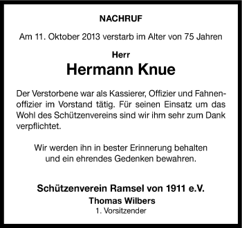 Traueranzeige von Hermann Knue von Neue Osnabrücker Zeitung GmbH & Co. KG