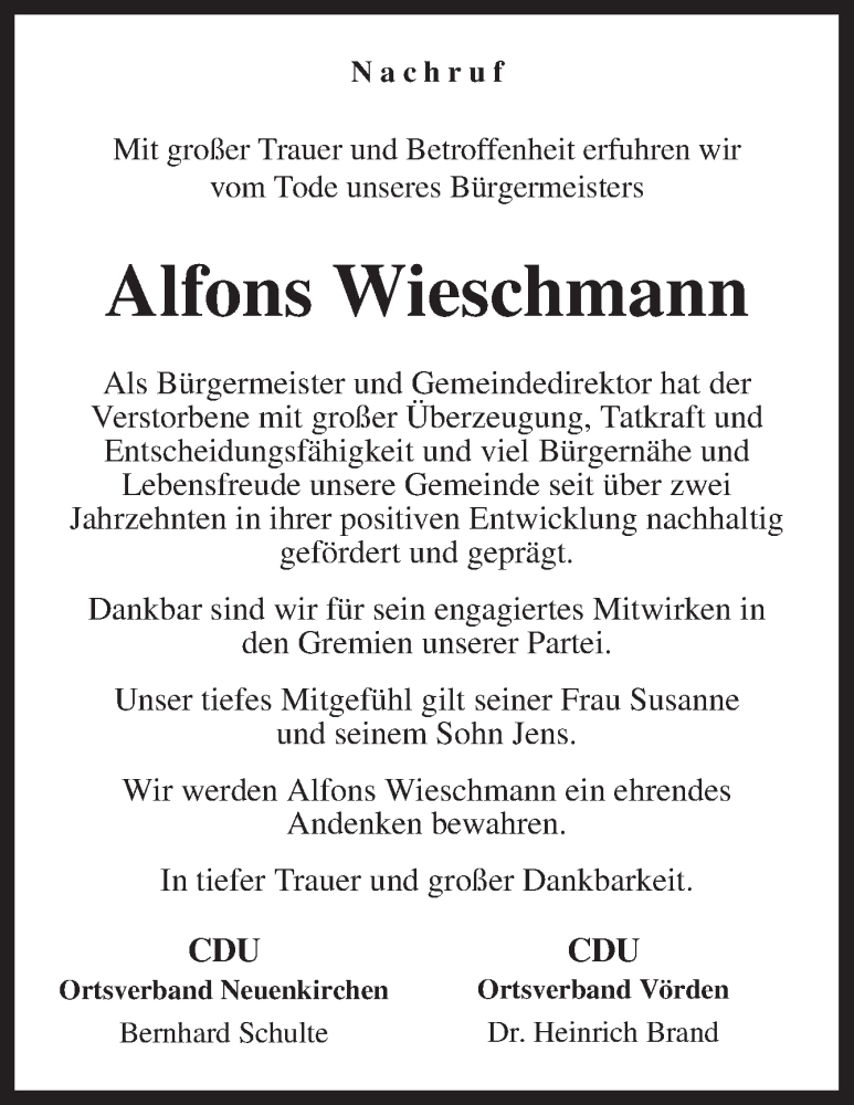  Traueranzeige für Alfons Wieschmann vom 17.10.2013 aus Neue Osnabrücker Zeitung GmbH & Co. KG