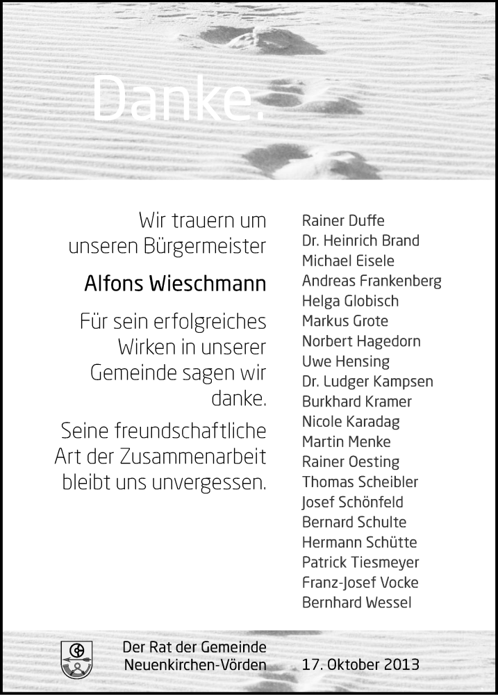  Traueranzeige für Alfons Wieschmann vom 17.10.2013 aus Neue Osnabrücker Zeitung GmbH & Co. KG