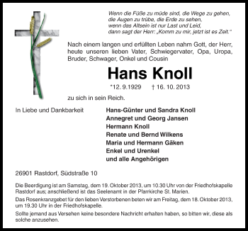 Traueranzeige von Hans Knoll von Neue Osnabrücker Zeitung GmbH & Co. KG