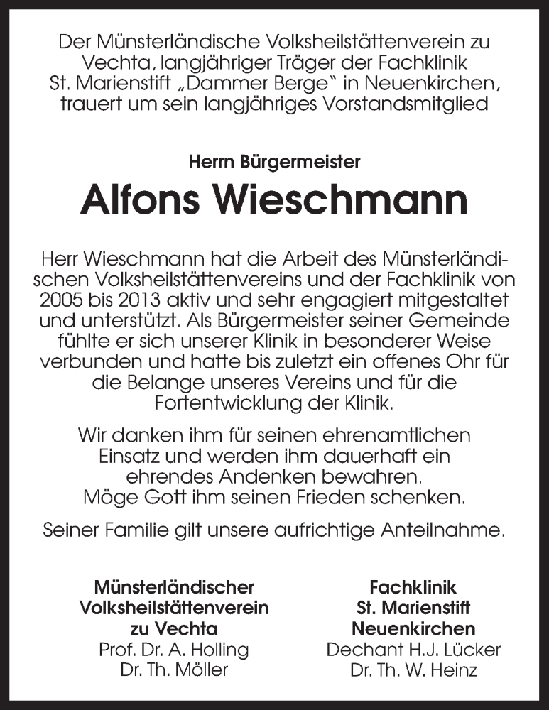  Traueranzeige für Alfons Wieschmann vom 18.10.2013 aus Neue Osnabrücker Zeitung GmbH & Co. KG