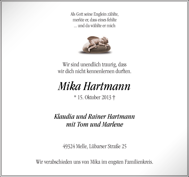  Traueranzeige für Mika Hartmann vom 19.10.2013 aus Neue Osnabrücker Zeitung GmbH & Co. KG
