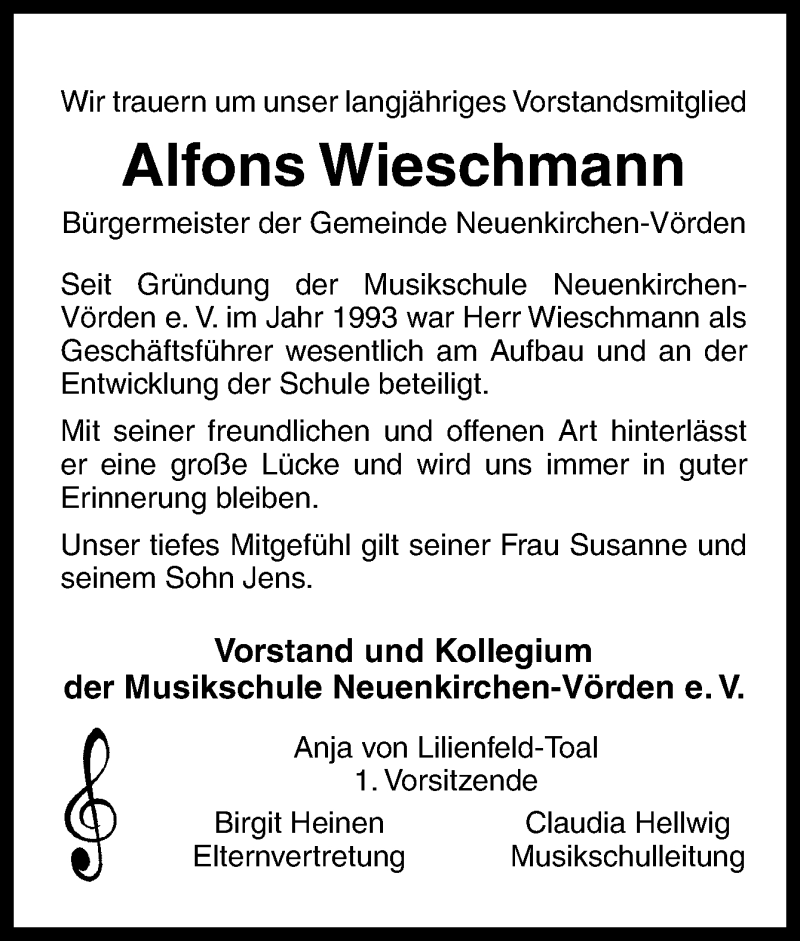  Traueranzeige für Alfons Wieschmann vom 19.10.2013 aus Neue Osnabrücker Zeitung GmbH & Co. KG