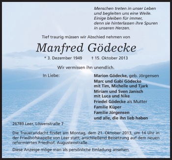 Traueranzeige von Manfred Gödecke von Neue Osnabrücker Zeitung GmbH & Co. KG