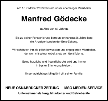 Traueranzeige von Manfred Gödecke von Neue Osnabrücker Zeitung GmbH & Co. KG