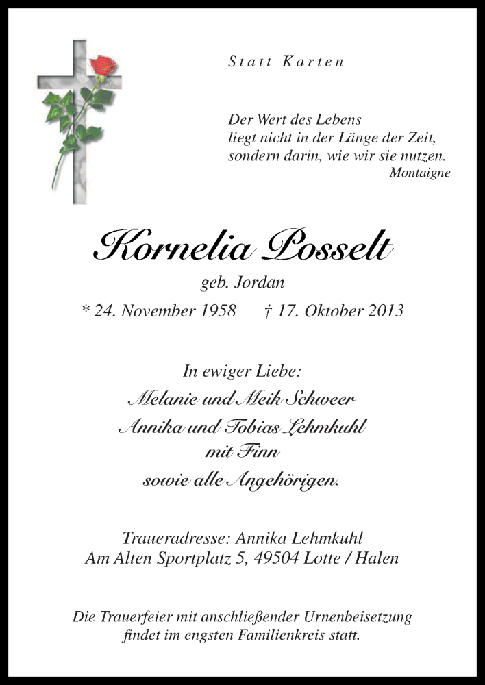  Traueranzeige für Kornelia Posselt vom 19.10.2013 aus Neue Osnabrücker Zeitung GmbH & Co. KG