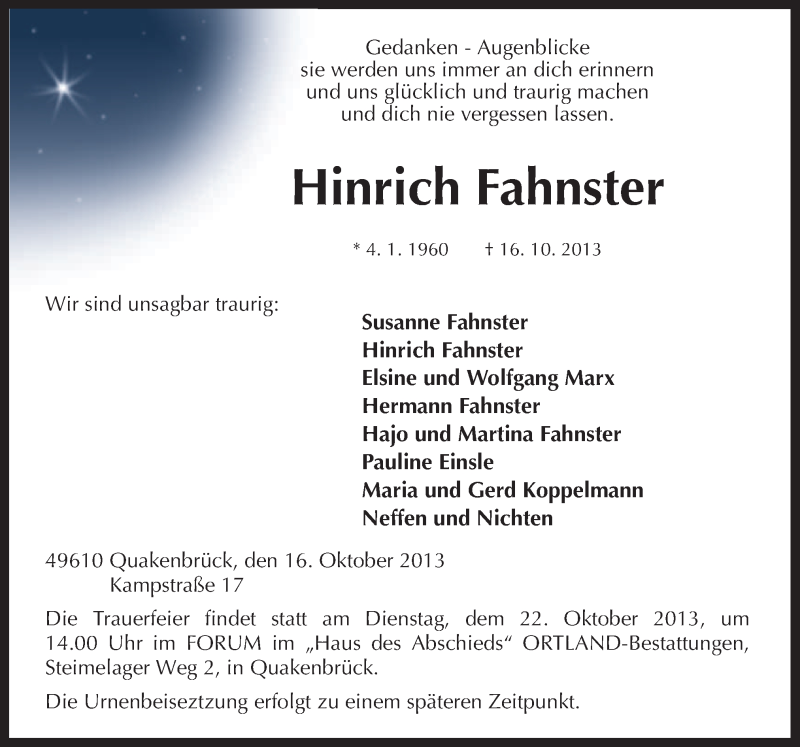  Traueranzeige für Hinrich Fahnster vom 19.10.2013 aus Neue Osnabrücker Zeitung GmbH & Co. KG
