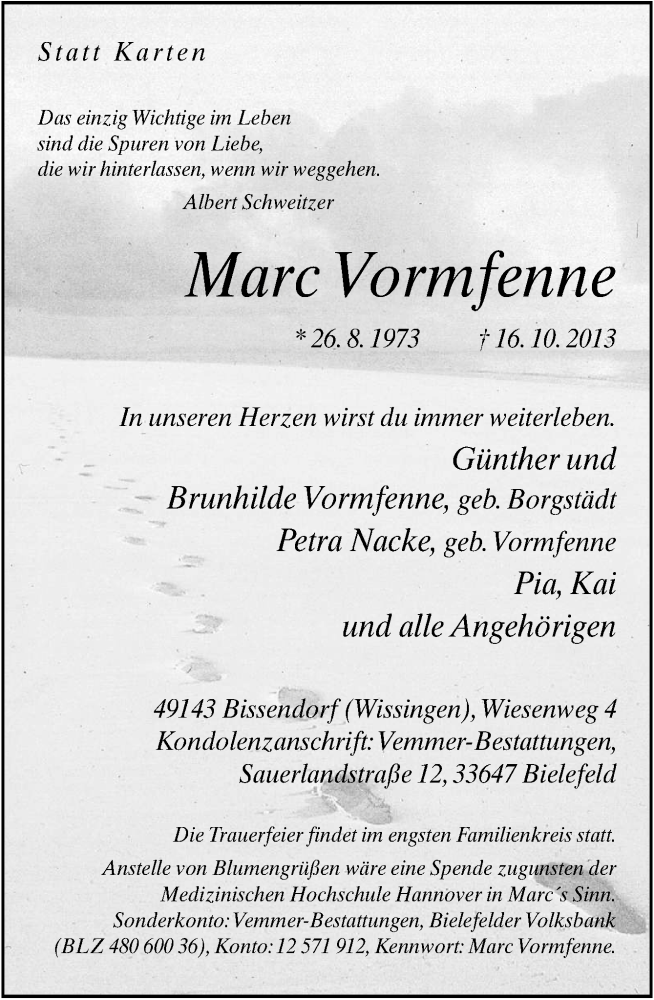  Traueranzeige für Marc Vormfenne vom 19.10.2013 aus Neue Osnabrücker Zeitung GmbH & Co. KG