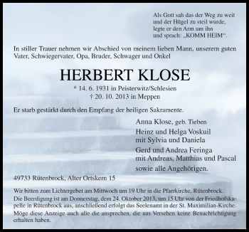 Traueranzeige von Herbert Klose von Neue Osnabrücker Zeitung GmbH & Co. KG