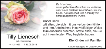 Traueranzeige von Tilly Lienesch von Neue Osnabrücker Zeitung GmbH & Co. KG