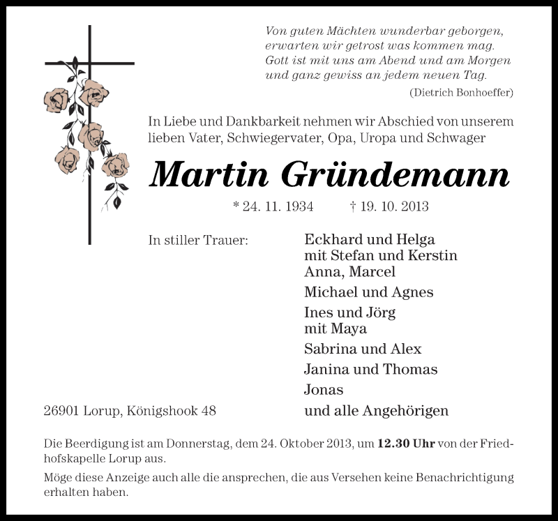  Traueranzeige für Martin Gründemann vom 22.10.2013 aus Neue Osnabrücker Zeitung GmbH & Co. KG