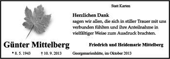Traueranzeige von Günter Mittelberg von Neue Osnabrücker Zeitung GmbH & Co. KG