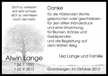 Traueranzeige von Alwin Lange von Neue Osnabrücker Zeitung GmbH & Co. KG