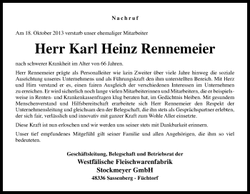 Traueranzeige von Karl Heinz Rennemeier von Neue Osnabrücker Zeitung GmbH & Co. KG