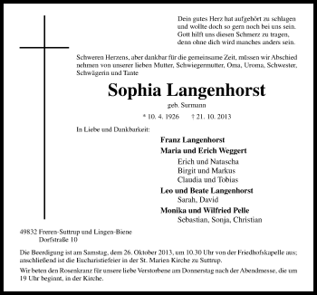 Traueranzeige von Sophia Langenhorst von Neue Osnabrücker Zeitung GmbH & Co. KG