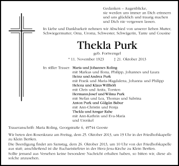 Traueranzeige von Thekla Purk von Neue Osnabrücker Zeitung GmbH & Co. KG