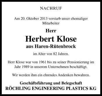 Traueranzeige von Herbert Klose von Neue Osnabrücker Zeitung GmbH & Co. KG