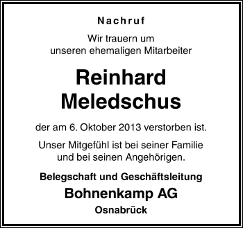 Traueranzeige von Reinhard Meledschus von Neue Osnabrücker Zeitung GmbH & Co. KG