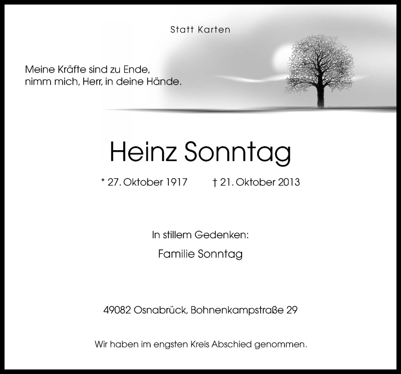  Traueranzeige für Heinz Sonntag vom 28.10.2013 aus Neue Osnabrücker Zeitung GmbH & Co. KG