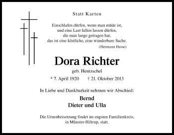 Traueranzeige von Dora Richter von Neue Osnabrücker Zeitung GmbH & Co. KG