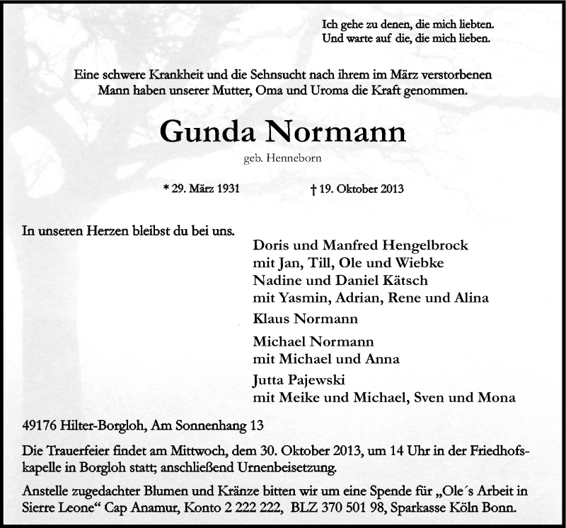  Traueranzeige für Gunda Normann vom 25.10.2013 aus Neue Osnabrücker Zeitung GmbH & Co. KG