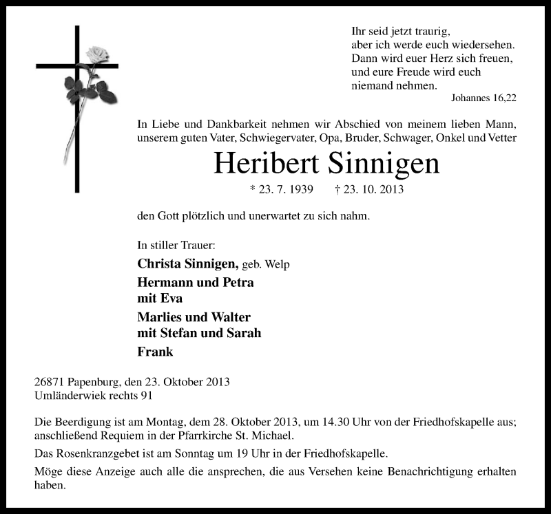  Traueranzeige für Heribert Sinnigen vom 25.10.2013 aus Neue Osnabrücker Zeitung GmbH & Co. KG