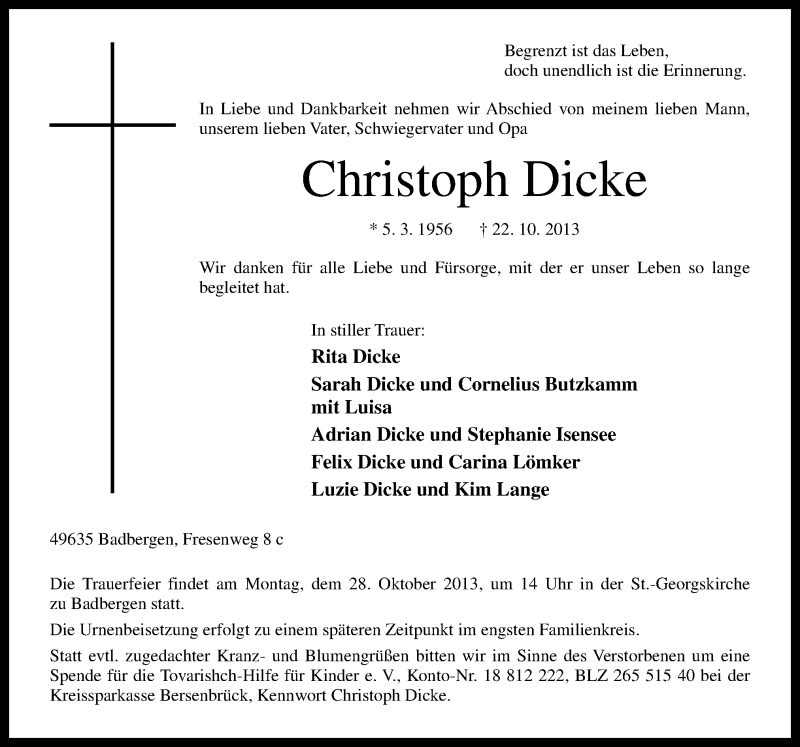  Traueranzeige für Christoph Dicke vom 25.10.2013 aus Neue Osnabrücker Zeitung GmbH & Co. KG