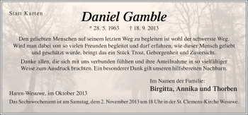 Traueranzeige von Daniel Gamble von Neue Osnabrücker Zeitung GmbH & Co. KG