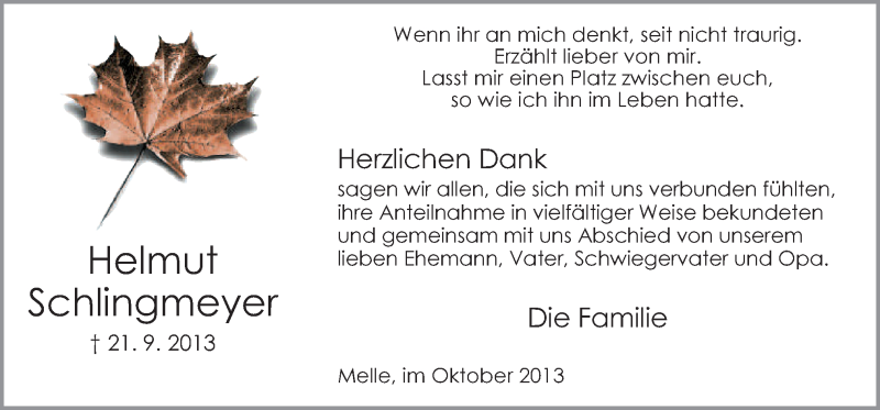  Traueranzeige für Helmut Schlingmeyer vom 26.10.2013 aus Neue Osnabrücker Zeitung GmbH & Co. KG