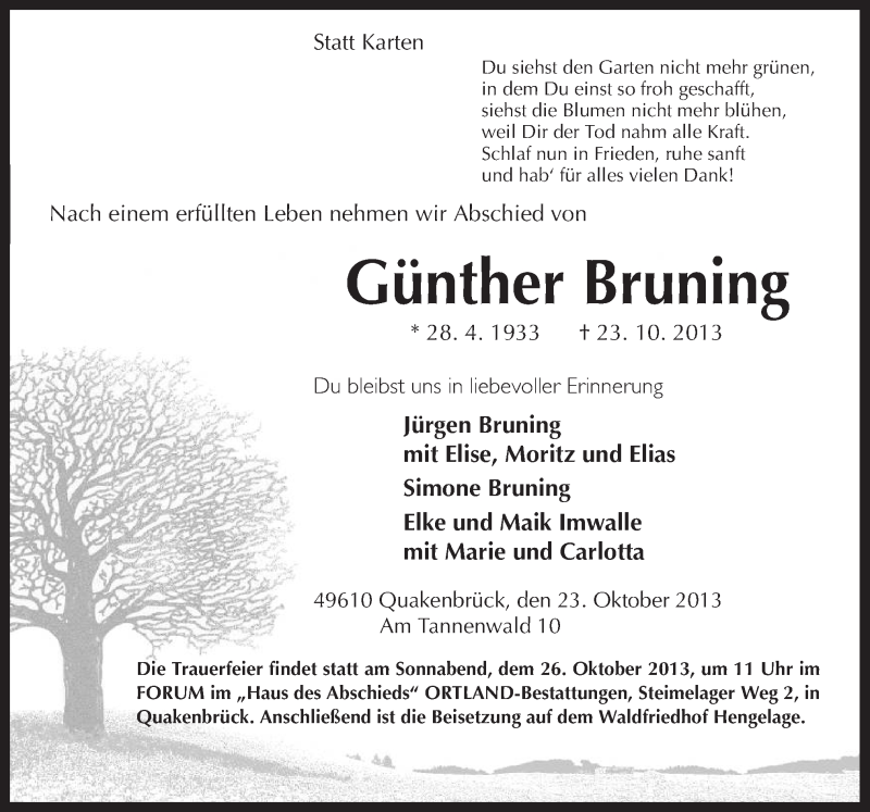  Traueranzeige für Günther Bruning vom 25.10.2013 aus Neue Osnabrücker Zeitung GmbH & Co. KG