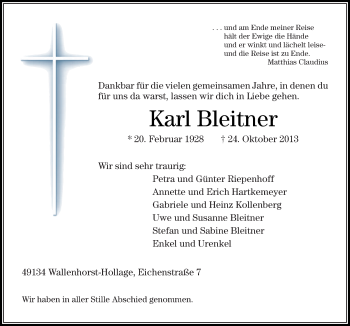 Traueranzeige von Karl Bleitner von Neue Osnabrücker Zeitung GmbH & Co. KG