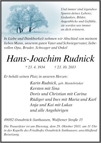 Traueranzeige von Hans-Joachim Rudnick von Neue Osnabrücker Zeitung GmbH & Co. KG