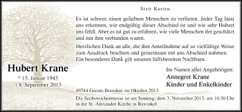 Traueranzeige von Hubert Krane von Neue Osnabrücker Zeitung GmbH & Co. KG