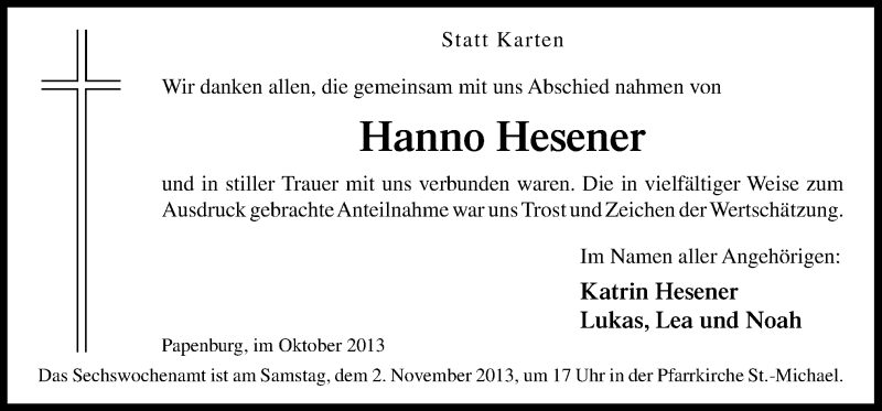  Traueranzeige für Hanno Hesener vom 31.10.2013 aus Neue Osnabrücker Zeitung GmbH & Co. KG