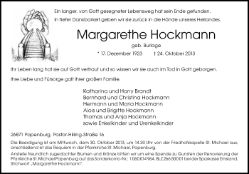 Traueranzeige von Margarethe Hockmann von Neue Osnabrücker Zeitung GmbH & Co. KG