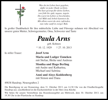 Traueranzeige von Paula Arns von Neue Osnabrücker Zeitung GmbH & Co. KG