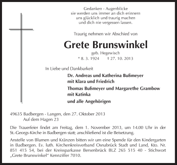 Traueranzeige von Grete Brunswinkel von Neue Osnabrücker Zeitung GmbH & Co. KG