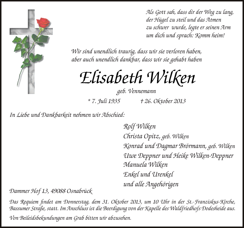  Traueranzeige für Elisabeth Wilken vom 29.10.2013 aus Neue Osnabrücker Zeitung GmbH & Co. KG